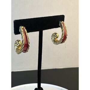 Vintage pierced earrings Red Enamel Gold tone swirl Half hoop Retro